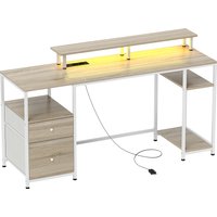 HOMCOM Computertisch mit einstellbarer LED-Beleuchtung, 155,5 x 48 cm, mit 2 Steckdosen, USB-Anschlüssen, Schubladen, Ablagen und Monitorhalter, Schreibtisch zu