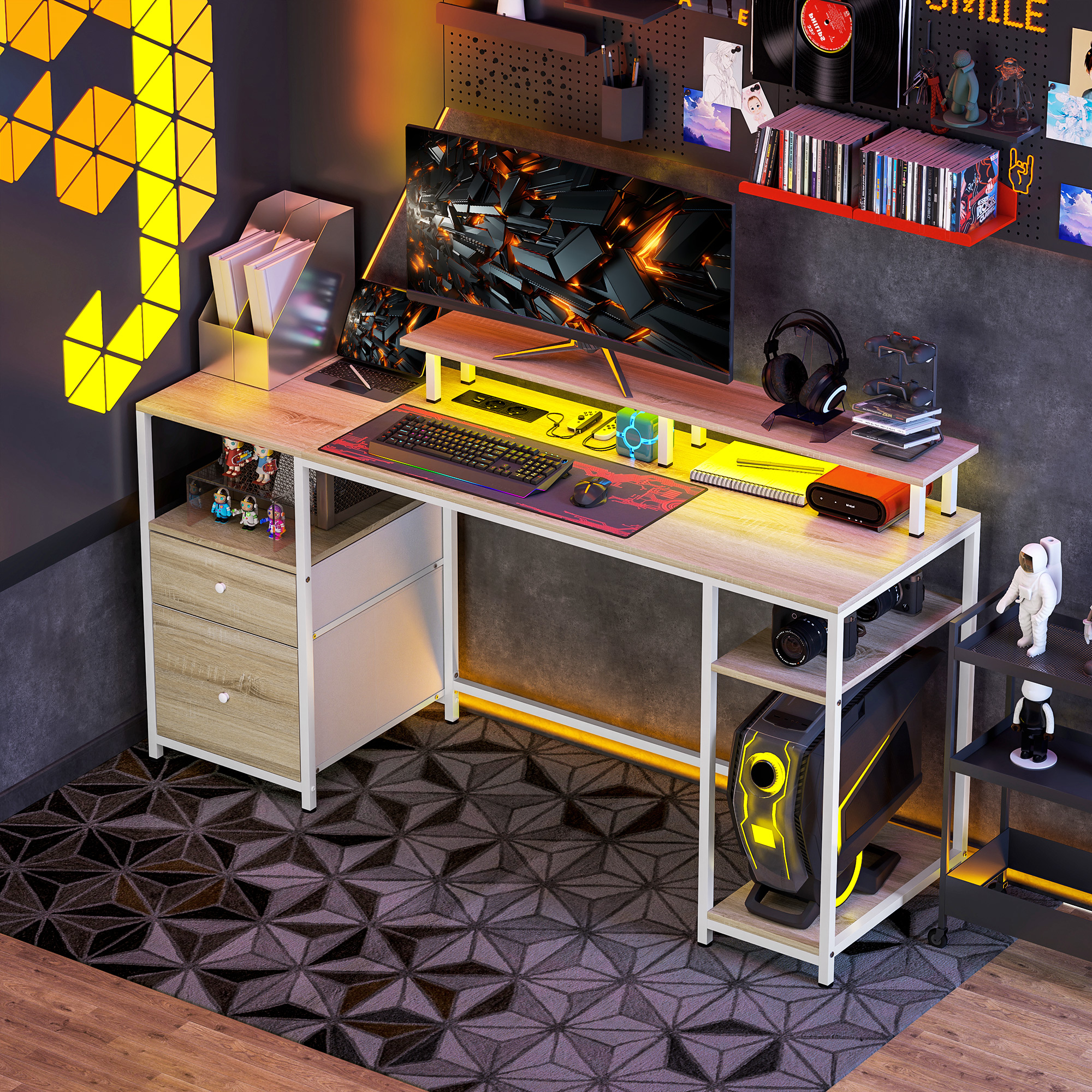 HOMCOM Computertisch mit einstellbarer LED-Beleuchtung, 155,5 x 48 cm, mit 2 Steckdosen, USB-Anschlüssen, Schubladen, Ablagen und Monitorhalter, Schreibtisch zu – Bild 2 von 2
