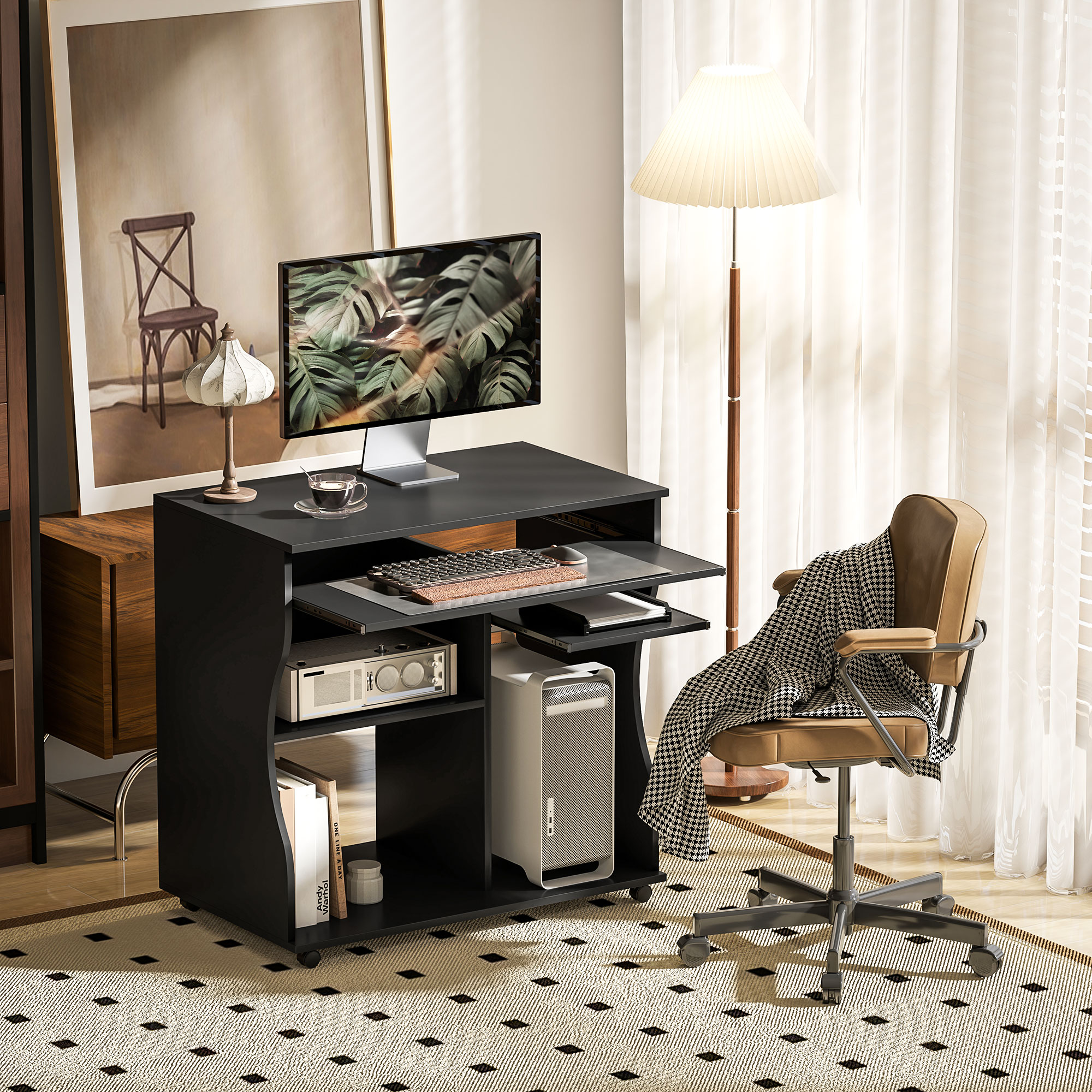 HOMCOM Computertisch Schreibtisch mit Rollen Bürotisch mit Tastaturablage， Ablage, PC Tisch Schwarz 80 x 48 x 75 cm Aosom – Bild 2 von 2