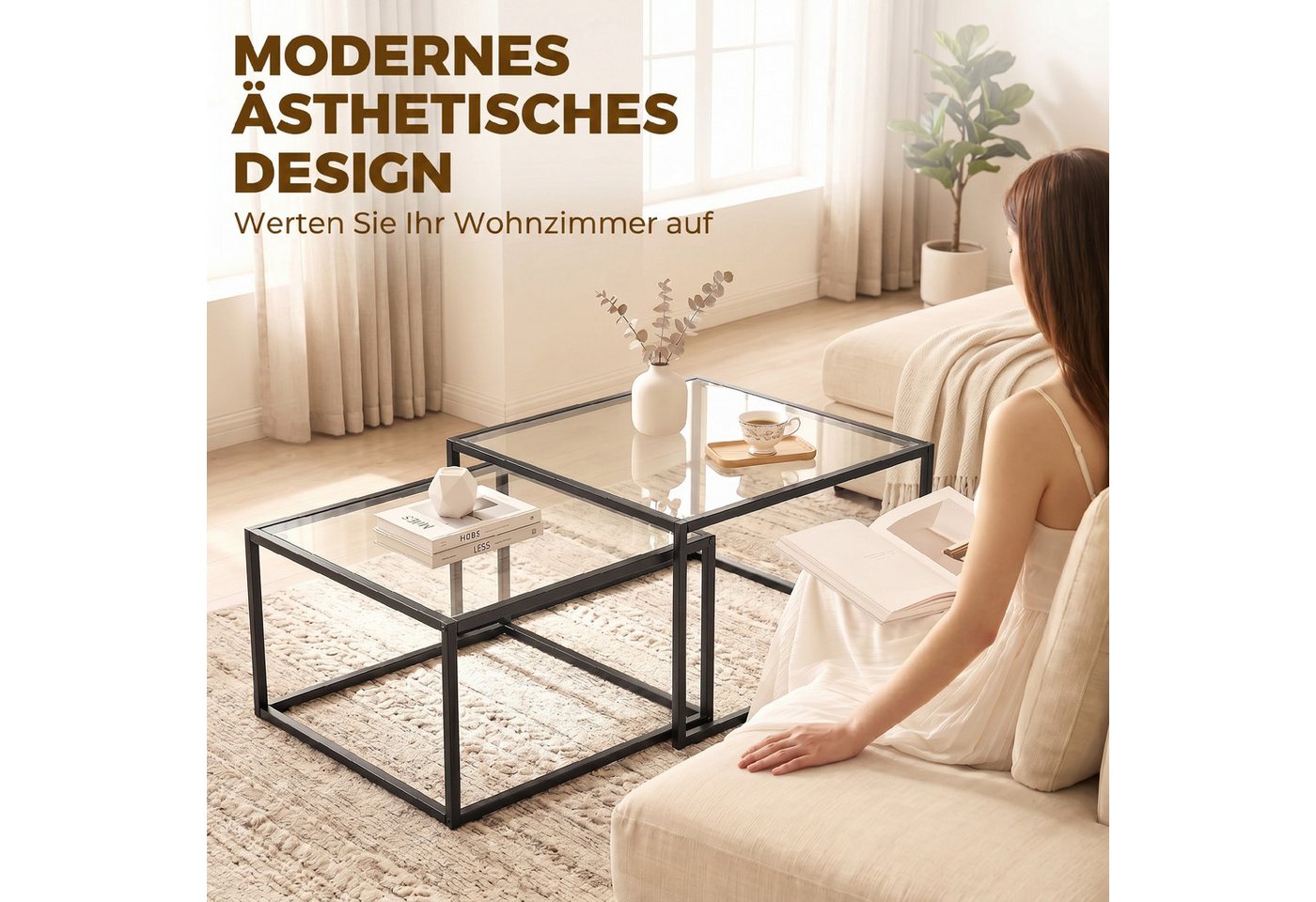 HOMCOM Couchtisch 2er-Set Satztische (Set, 2-St., 2er-Set), Platzsparend stapelbar, robustes Metallgestell – Bild 5 von 5