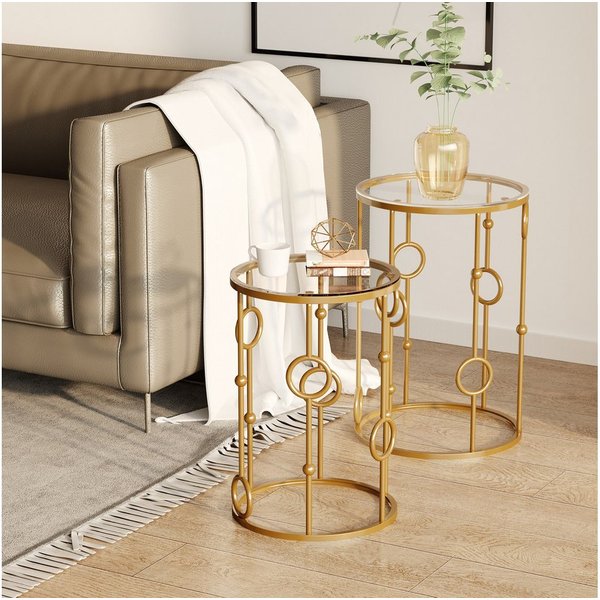 HOMCOM Couchtisch Beistelltisch, Glasplatte, Wohnzimmertisch, Reifen- und Kugeldesign (Sofatisch, 2-St., Beistelltisch für Wohnzimme, Balkon), für Wohnzimmer, S