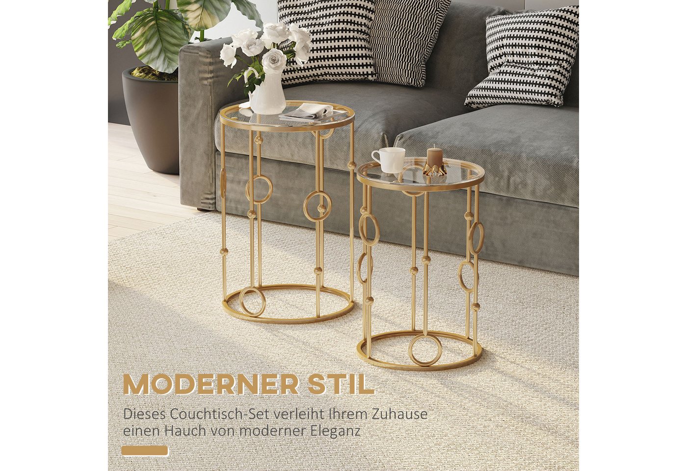HOMCOM Couchtisch Beistelltisch, Glasplatte, Wohnzimmertisch, Reifen- und Kugeldesign (Sofatisch, 2-St., Beistelltisch für Wohnzimme, Balkon), für Wohnzimmer, S – Bild 4 von 5