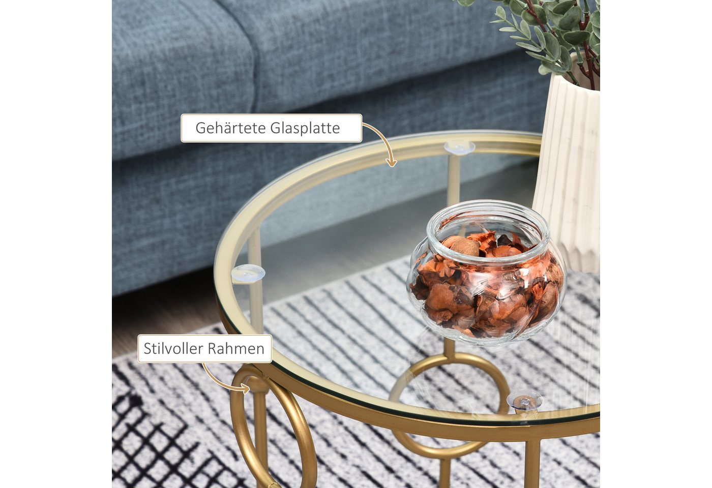 HOMCOM Couchtisch Beistelltisch, Glasplatte, Wohnzimmertisch, Reifen- und Kugeldesign (Sofatisch, 2-St., Beistelltisch für Wohnzimme, Balkon), für Wohnzimmer, S – Bild 5 von 5