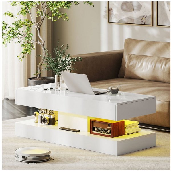 HOMCOM Couchtisch Hochglanz mit 12-Farbiger LED Beleuchtung mit 2 Schublade (Wohnzimmertisch, 1-St., Modern Beistelltisch), Kaffeetisch für Wohnzimmer 120 x 50 