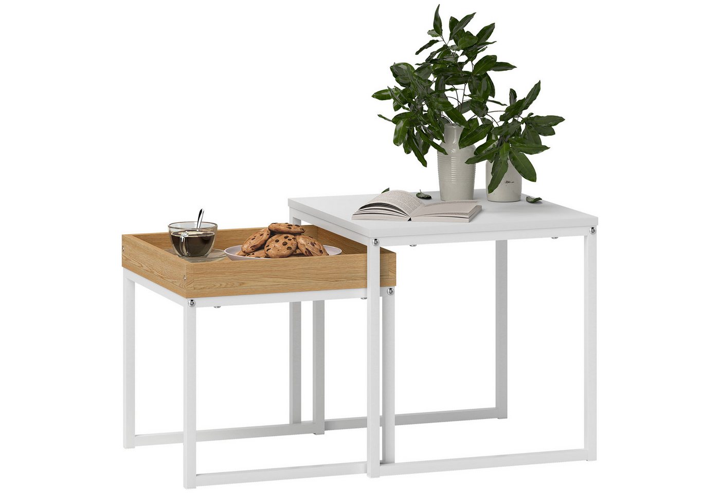 HOMCOM Couchtisch Satztisch mit Abnehmbarem Tablett, Stahlgestell, für Schlafzimmer (Kaffeetisch, 2-St., Eckiger Beistelltisch), für Wohnzimmer, bis 30 kg Belas – Bild 2 von 5