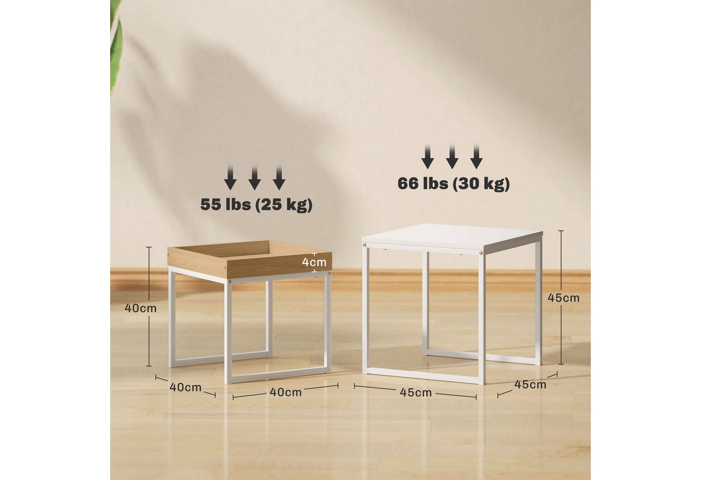 HOMCOM Couchtisch Satztisch mit Abnehmbarem Tablett, Stahlgestell, für Schlafzimmer (Kaffeetisch, 2-St., Eckiger Beistelltisch), für Wohnzimmer, bis 30 kg Belas – Bild 3 von 5