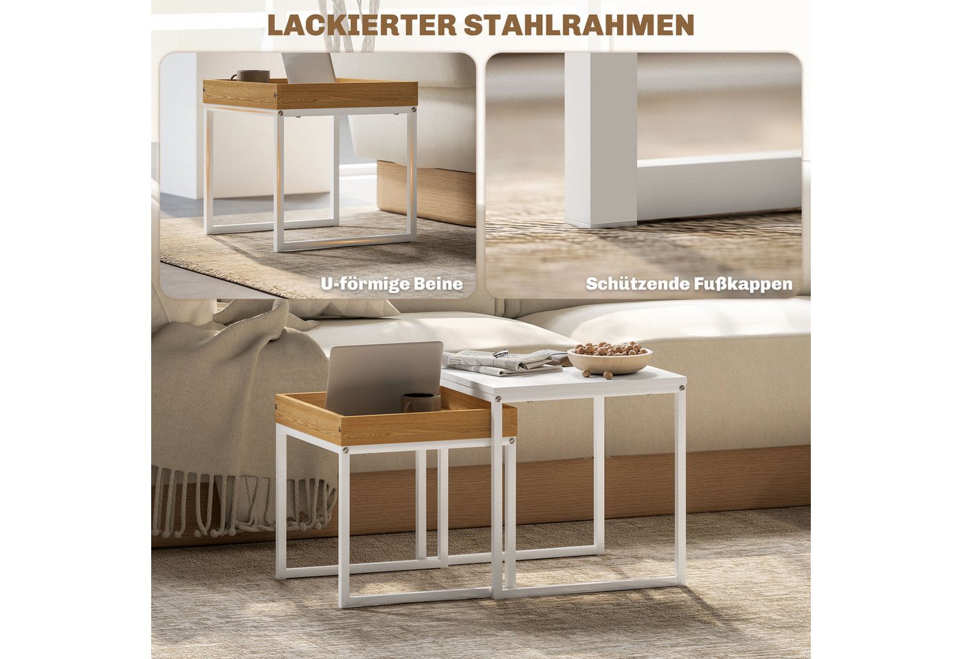 HOMCOM Couchtisch Satztisch mit Abnehmbarem Tablett, Stahlgestell, für Schlafzimmer (Kaffeetisch, 2-St., Eckiger Beistelltisch), für Wohnzimmer, bis 30 kg Belas – Bild 5 von 5