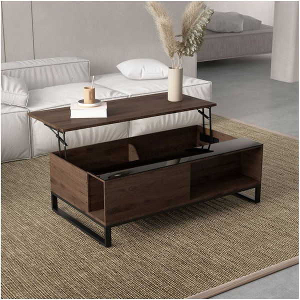HOMCOM Couchtisch Sofatisch, höhenverstellbare Platte, Stauraum, Wohnzimmer, Büro (Beistelltisch, 1-St., Kaffeetisch), Stahl, Walnuss, Schwarz, 102 x 58 x 35,5 