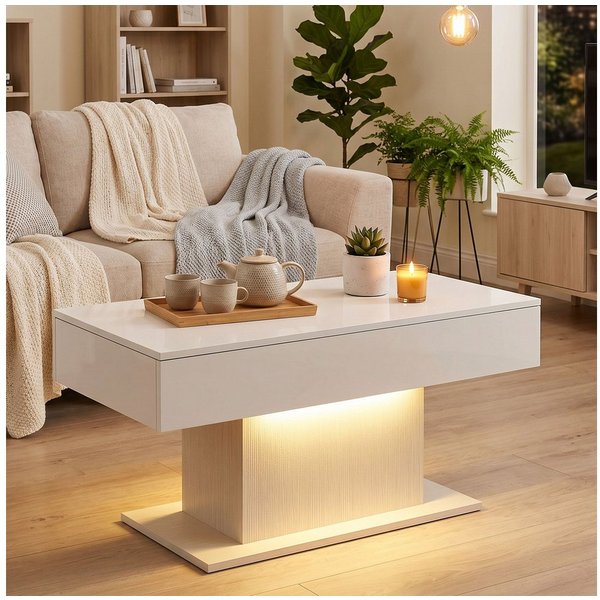 HOMCOM Couchtisch Wohnzimmertisch Kaffeetisch mit Fernbedienung 108x48x55cm Weiß (Kaffeetisch, 1-St., 1 Tisch), für Wohnzimmer, 108 x 48 x 55 cm Weiß