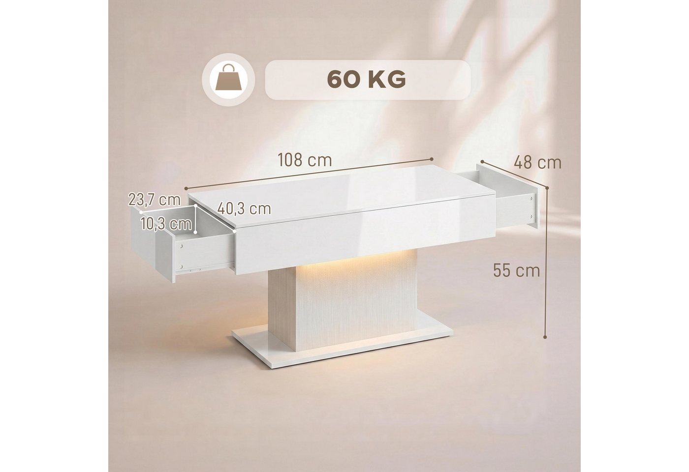HOMCOM Couchtisch Wohnzimmertisch Kaffeetisch mit Fernbedienung 108x48x55cm Weiß (Kaffeetisch, 1-St., 1 Tisch), für Wohnzimmer, 108 x 48 x 55 cm Weiß – Bild 3 von 5
