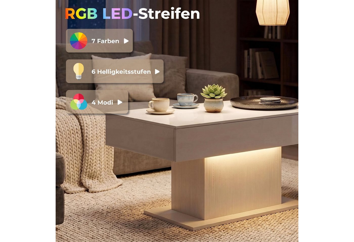 HOMCOM Couchtisch Wohnzimmertisch Kaffeetisch mit Fernbedienung 108x48x55cm Weiß (Kaffeetisch, 1-St., 1 Tisch), für Wohnzimmer, 108 x 48 x 55 cm Weiß – Bild 4 von 5