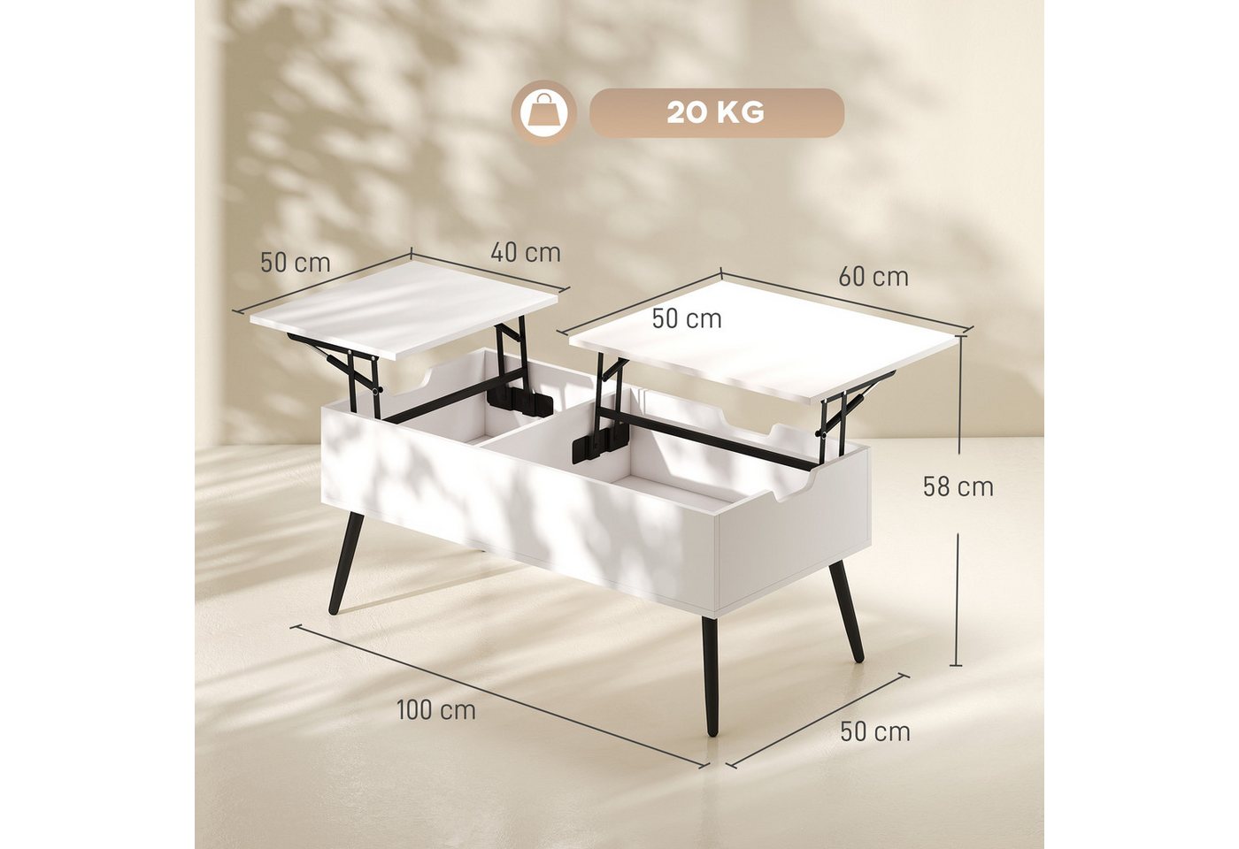 HOMCOM Couchtisch Wohnzimmertisch Kaffeetisch mit Hebeplatte (Packung, 1-St., 1 Tisch), Duales Lift-Top-Design mit verstecktem Stauraum – Bild 3 von 5