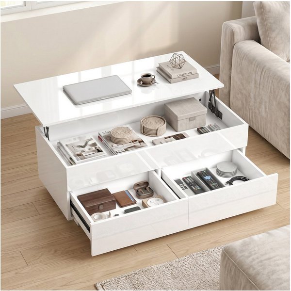 HOMCOM Couchtisch Wohnzimmertisch mit Hebeplatte, 2 Schublade, Kaffeetisch (Packung, 1-St., 1 Tisch), Tischplatte höhenverstellbar, Stauraum