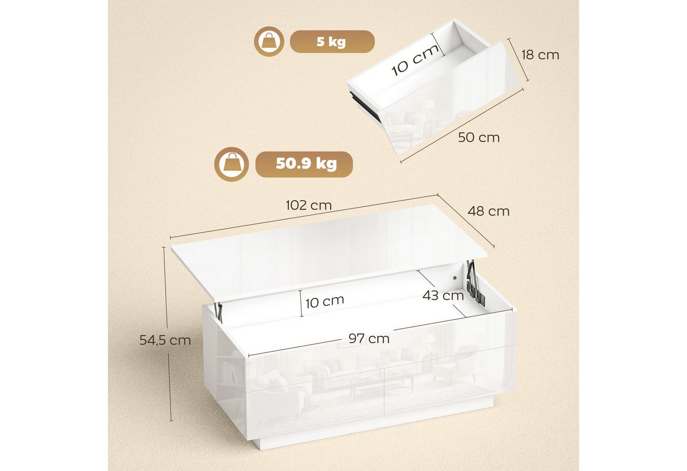 HOMCOM Couchtisch Wohnzimmertisch mit Hebeplatte, 2 Schublade, Kaffeetisch (Packung, 1-St., 1 Tisch), Tischplatte höhenverstellbar, Stauraum – Bild 3 von 5