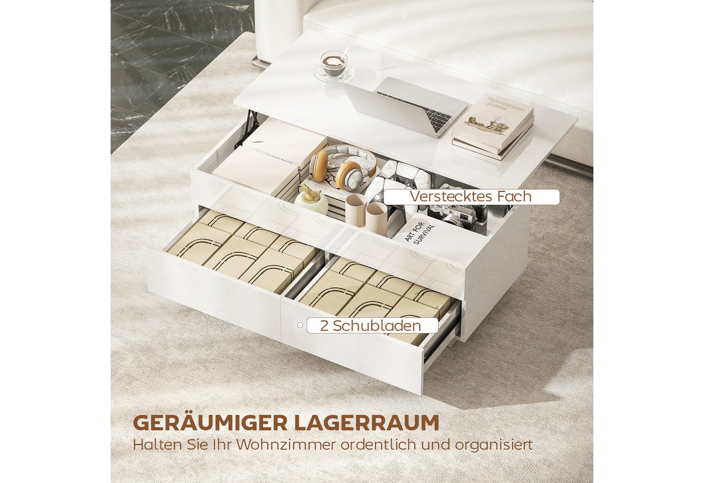 HOMCOM Couchtisch Wohnzimmertisch mit Hebeplatte, 2 Schublade, Kaffeetisch (Packung, 1-St., 1 Tisch), Tischplatte höhenverstellbar, Stauraum – Bild 5 von 5