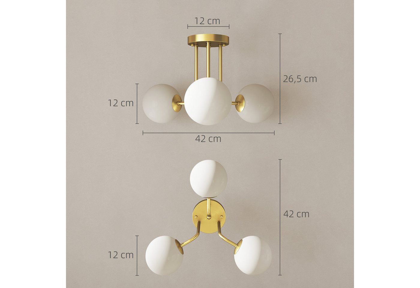 HOMCOM Deckenleuchte kugelförmigen Lampenschirmen, 3-flammige Fassungen, Wohnzimmer, ohne Leuchtmittel, Deckenlampe, G9, modern, ohne Leuchtmittel – Bild 3 von 5