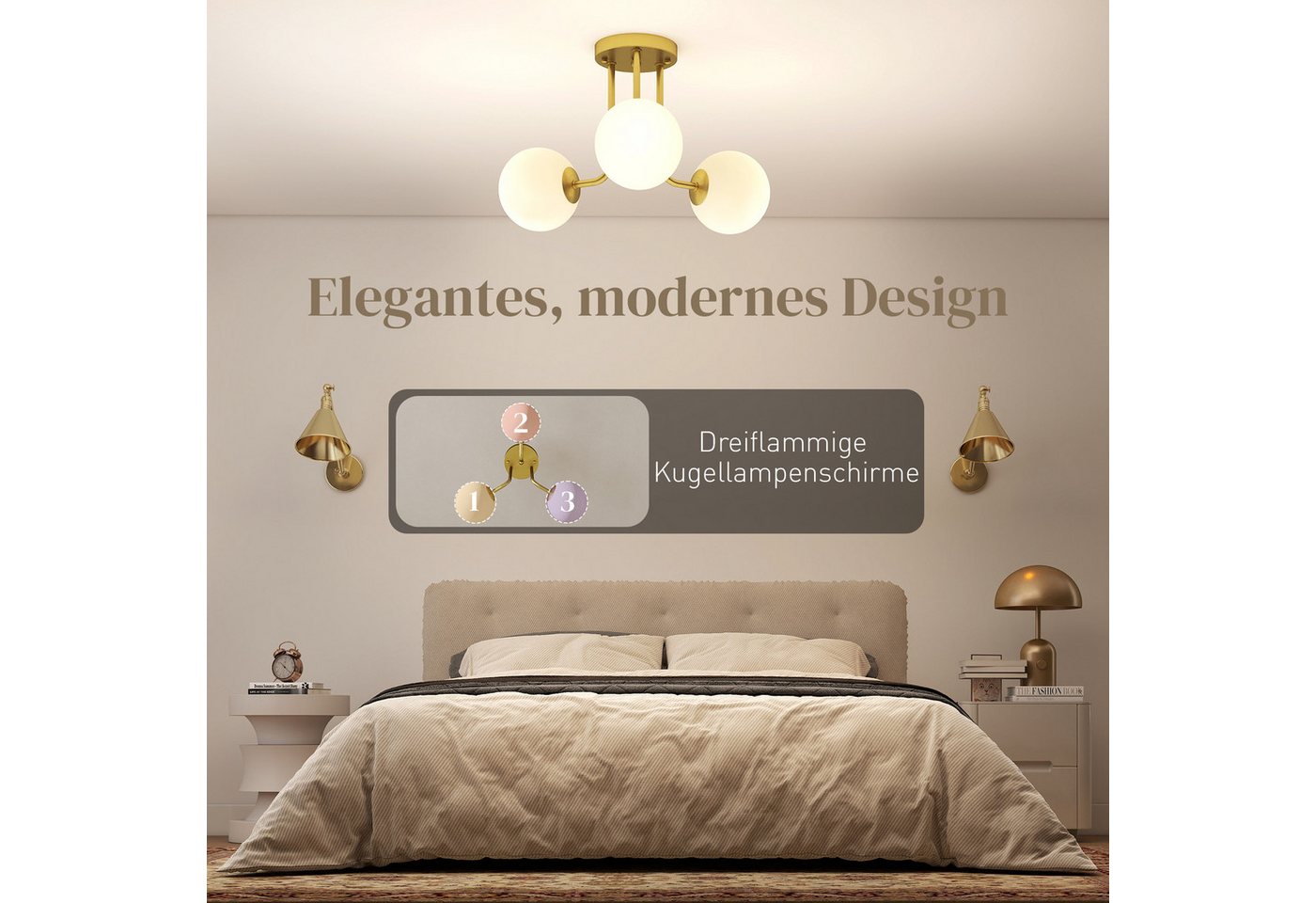 HOMCOM Deckenleuchte kugelförmigen Lampenschirmen, 3-flammige Fassungen, Wohnzimmer, ohne Leuchtmittel, Deckenlampe, G9, modern, ohne Leuchtmittel – Bild 4 von 5