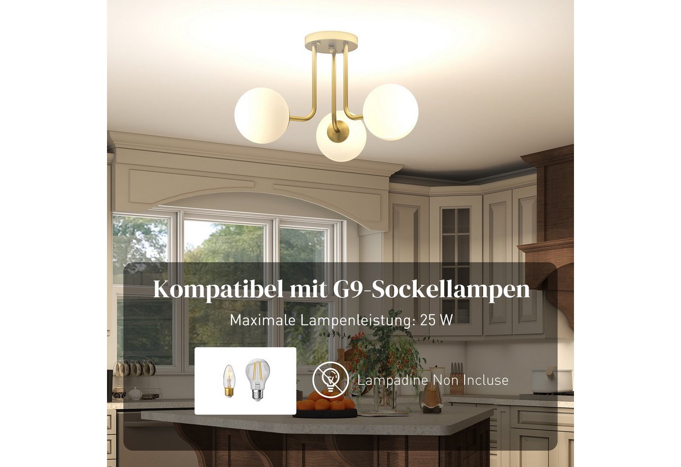 HOMCOM Deckenleuchte kugelförmigen Lampenschirmen, 3-flammige Fassungen, Wohnzimmer, ohne Leuchtmittel, Deckenlampe, G9, modern, ohne Leuchtmittel – Bild 5 von 5