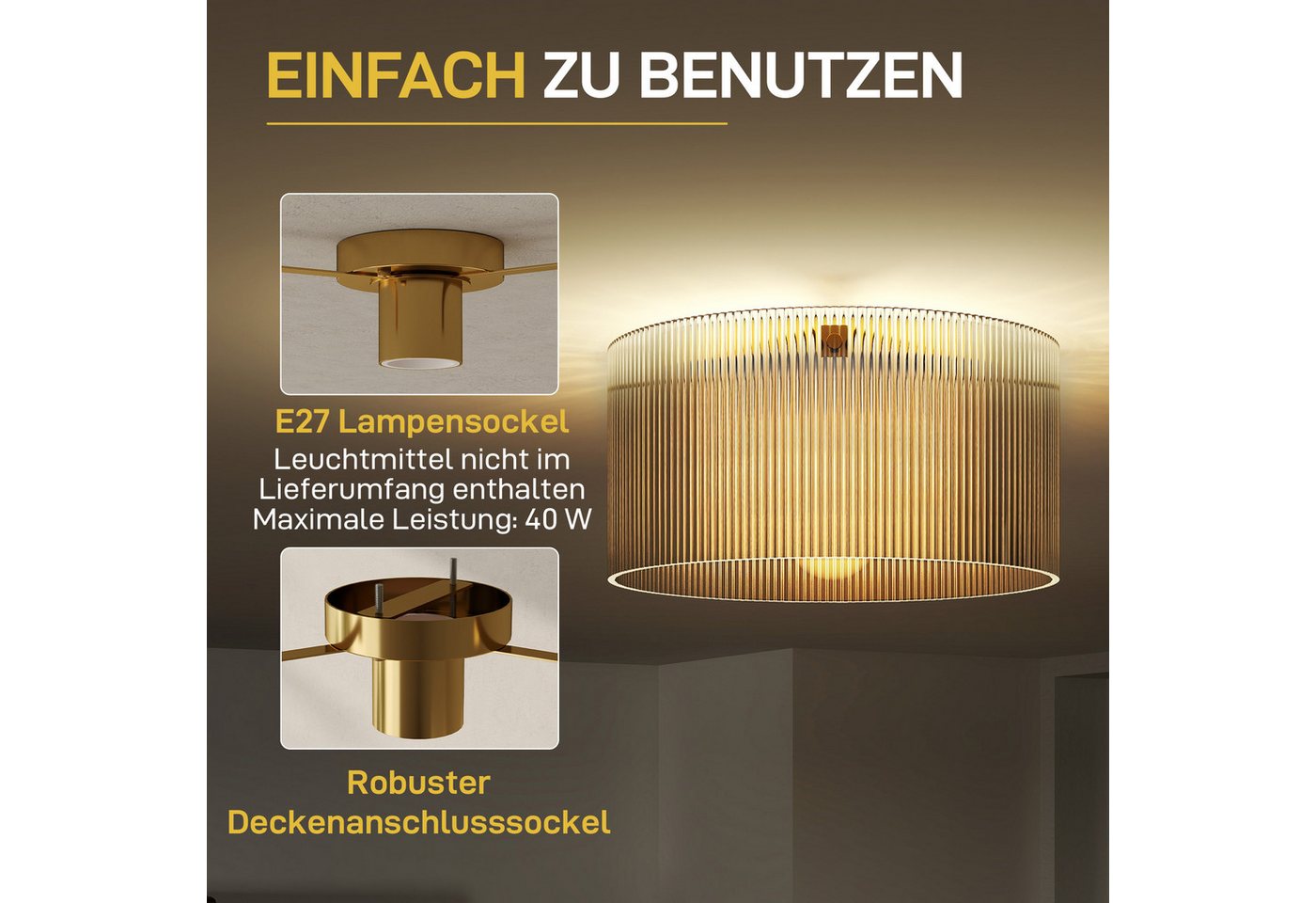 HOMCOM Deckenleuchte Deckenleuchte mit E27 Fassung, Ohne Leuchtmittel, für Schlafzimmer Wohnzimmer Ø32 x 16,5 cm, exkl.Glühbirne Transparent – Bild 5 von 5