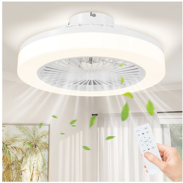 HOMCOM Deckenventilator LED Deckenleuchte mit Ventilator, 6 Geschwindigkeiten, Timer, 36 cm Durchmesser, für Schlafzimmer, Wohnzimmer, Weiß