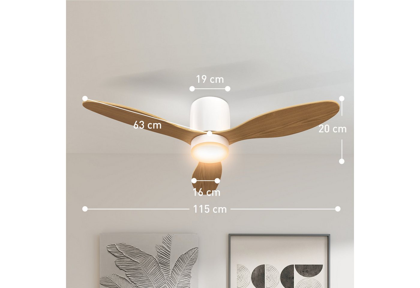 HOMCOM Deckenventilator Ventilator mit LED Lampe, Umkehrbarer DC Motor, 3 Flügeln, 115 cm Durchmesser, für Schlafzimmer, Wohnzimmer, Naturholz – Bild 3 von 5