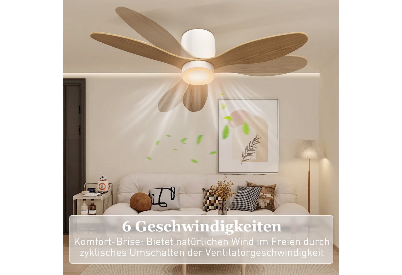 HOMCOM Deckenventilator Ventilator mit LED Lampe, Umkehrbarer DC Motor, 3 Flügeln, 115 cm Durchmesser, für Schlafzimmer, Wohnzimmer, Naturholz – Bild 5 von 5