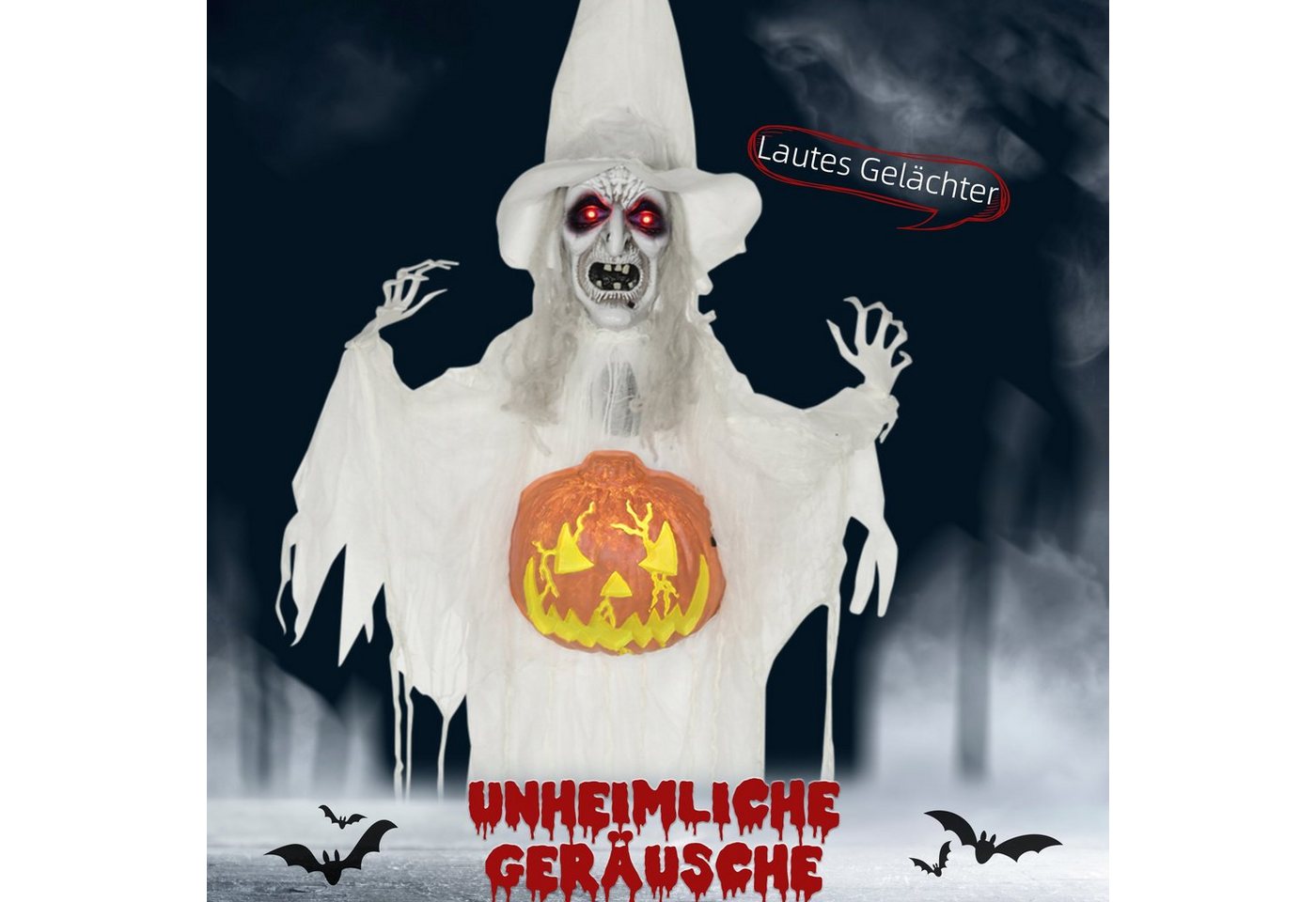 HOMCOM Dekofigur Halloween Skelett, Garten Dekofigur in Lebensgröße für Diele (Halloween-Geist, 1 St., Halloween-Dekoration), mit Kürbiskopf – Bild 4 von 5