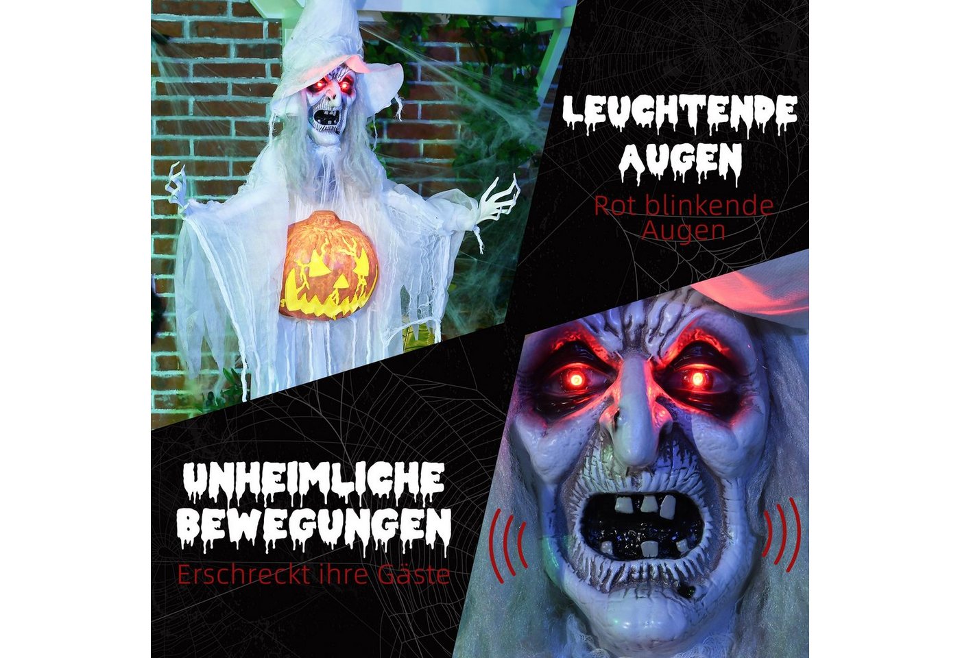 HOMCOM Dekofigur Halloween Skelett, Garten Dekofigur in Lebensgröße für Diele (Halloween-Geist, 1 St., Halloween-Dekoration), mit Kürbiskopf – Bild 5 von 5