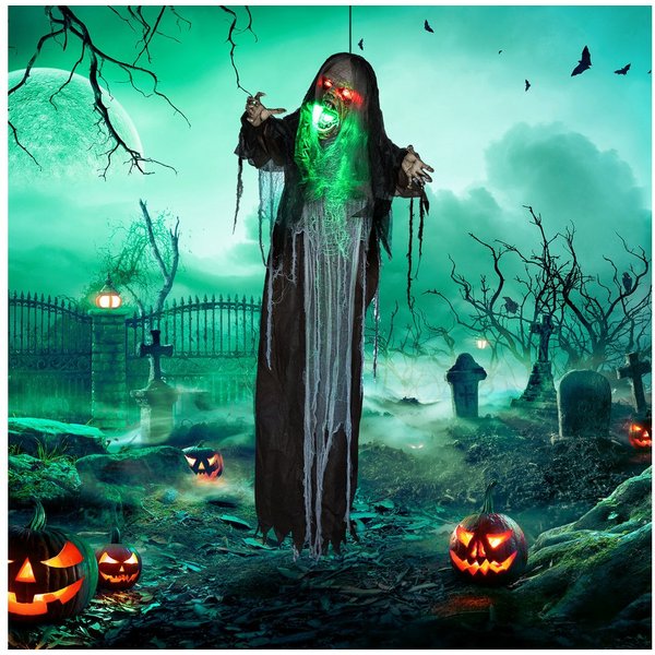 HOMCOM Dekofigur Haustür Deko, grün LED-Lichter, Soundfunktion, Garten (Halloween Dekoration, 1 St., Hängendes Monster), in Lebensgröße für Party