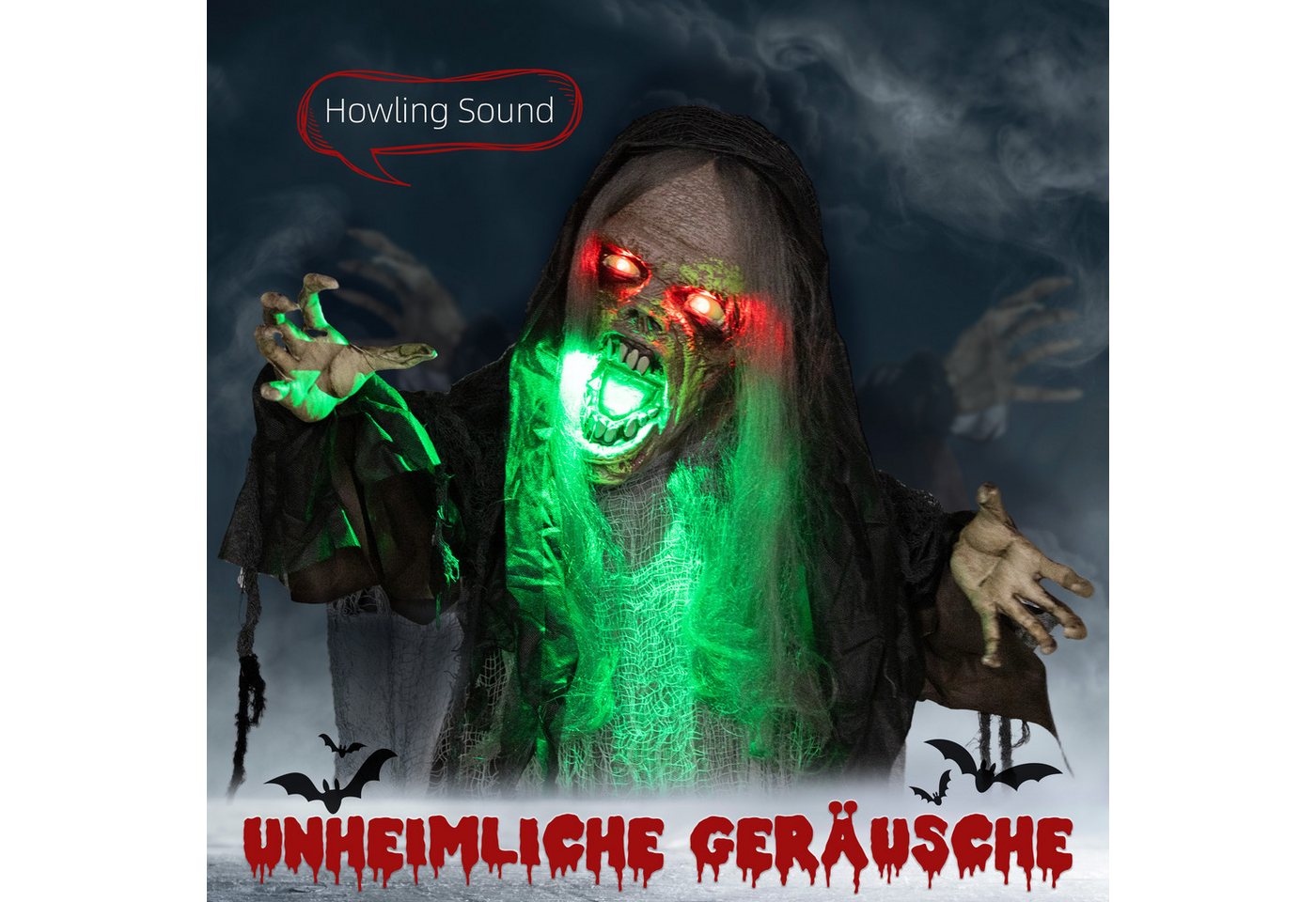 HOMCOM Dekofigur Haustür Deko, grün LED-Lichter, Soundfunktion, Garten (Halloween Dekoration, 1 St., Hängendes Monster), in Lebensgröße für Party – Bild 4 von 5