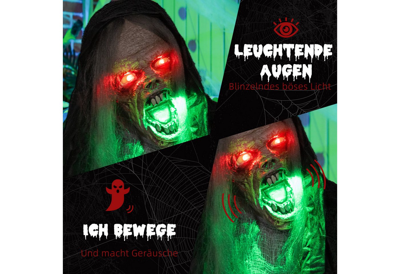 HOMCOM Dekofigur Haustür Deko, grün LED-Lichter, Soundfunktion, Garten (Halloween Dekoration, 1 St., Hängendes Monster), in Lebensgröße für Party – Bild 5 von 5