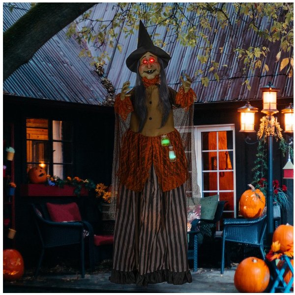 HOMCOM Dekofigur LED-Lichter, Soundfunktion, Haustür Deko mit verstellbare Arme (Halloween-Hexe, 1 St., Halloween Dekoration), Garten Dekofigur in Lebensgröße f
