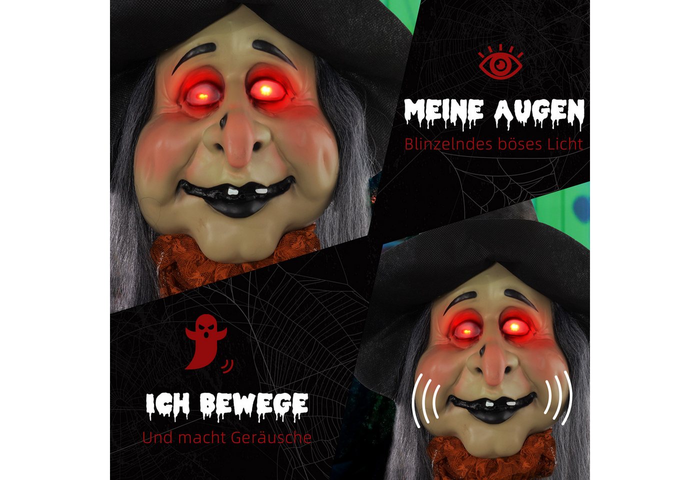 HOMCOM Dekofigur LED-Lichter, Soundfunktion, Haustür Deko mit verstellbare Arme (Halloween-Hexe, 1 St., Halloween Dekoration), Garten Dekofigur in Lebensgröße f – Bild 5 von 5