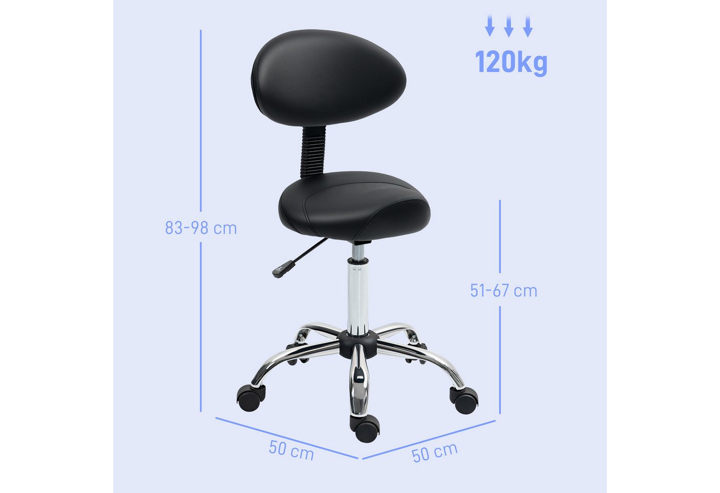 HOMCOM Drehhocker Hocker Bürohocker Sattelhocker mit Rückenlehne (höhenverstellbar Rollhocker, 1 St., 360° drehbar Arbeitshocker), für Büro Salon Massage Spa Sc – Bild 3 von 5