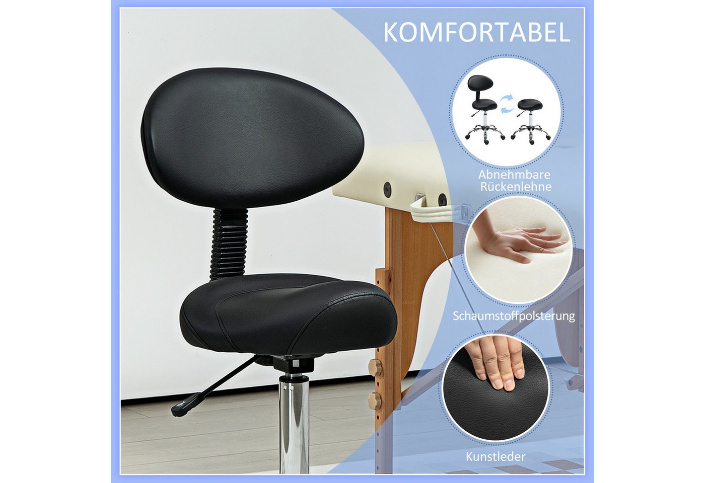 HOMCOM Drehhocker Hocker Bürohocker Sattelhocker mit Rückenlehne (höhenverstellbar Rollhocker, 1 St., 360° drehbar Arbeitshocker), für Büro Salon Massage Spa Sc – Bild 4 von 5