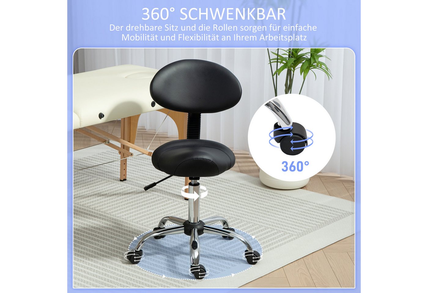 HOMCOM Drehhocker Hocker Bürohocker Sattelhocker mit Rückenlehne (höhenverstellbar Rollhocker, 1 St., 360° drehbar Arbeitshocker), für Büro Salon Massage Spa Sc – Bild 5 von 5