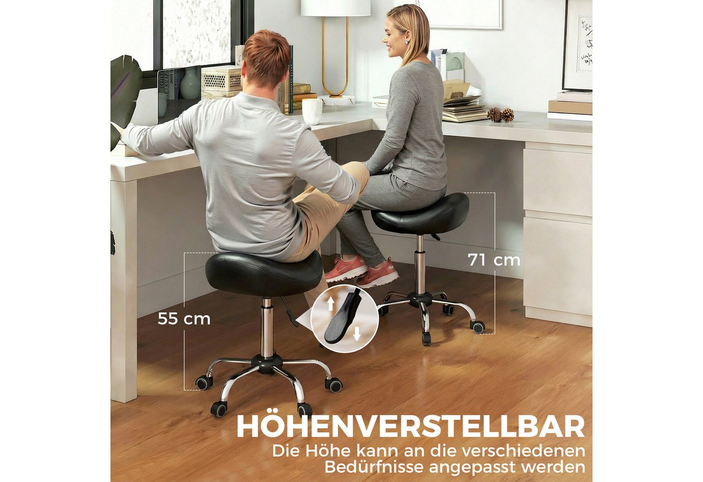HOMCOM Drehhocker Rollhocker höhenverstellbar mit Dick Polster, 360° drehbar Hocker (Arbeitshocker, 1 St., Sattelhocker), für Büro Salon Massage Spa Schwarz – Bild 4 von 5