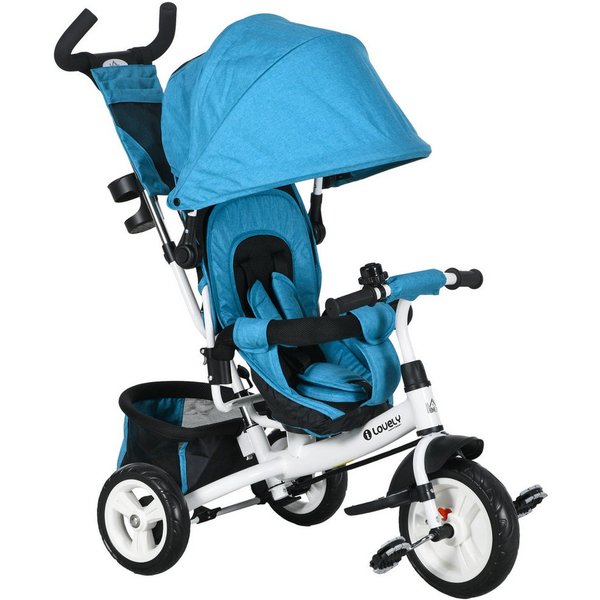 HOMCOM Dreirad 6-in-1 Kinderdreirad mit Schubstange, für 1-5 Jahre bis 25kg, blau, abnehmbarem Verdeck, 5-Punkt-Sicherheitsgurt