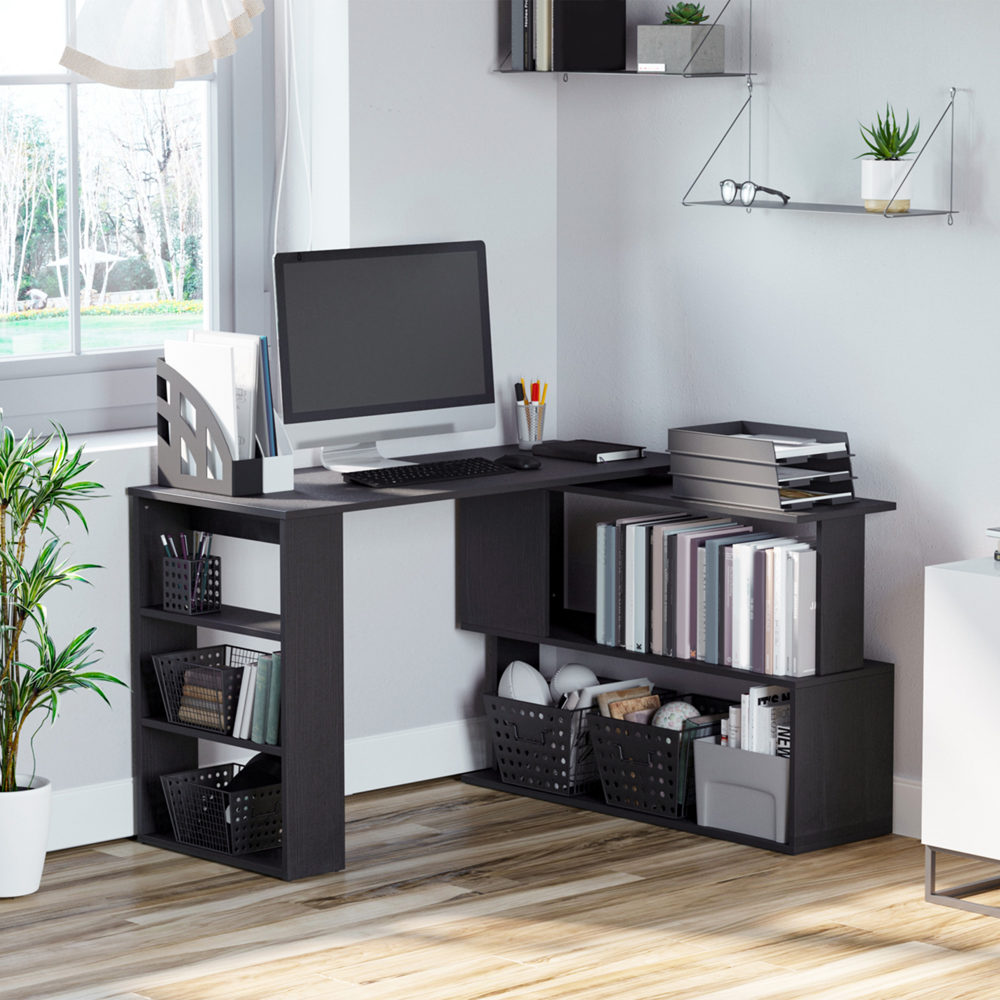 HOMCOM Eck-Schreibtisch mit 5 Regalen, Eck-Computer-Schreibtisch aus Holz für Büro, Wohnzimmer und Arbeitszimmer, Industrie-Stil, 120x110x74,5 cm, Schwarz Aosom – Bild 2 von 2