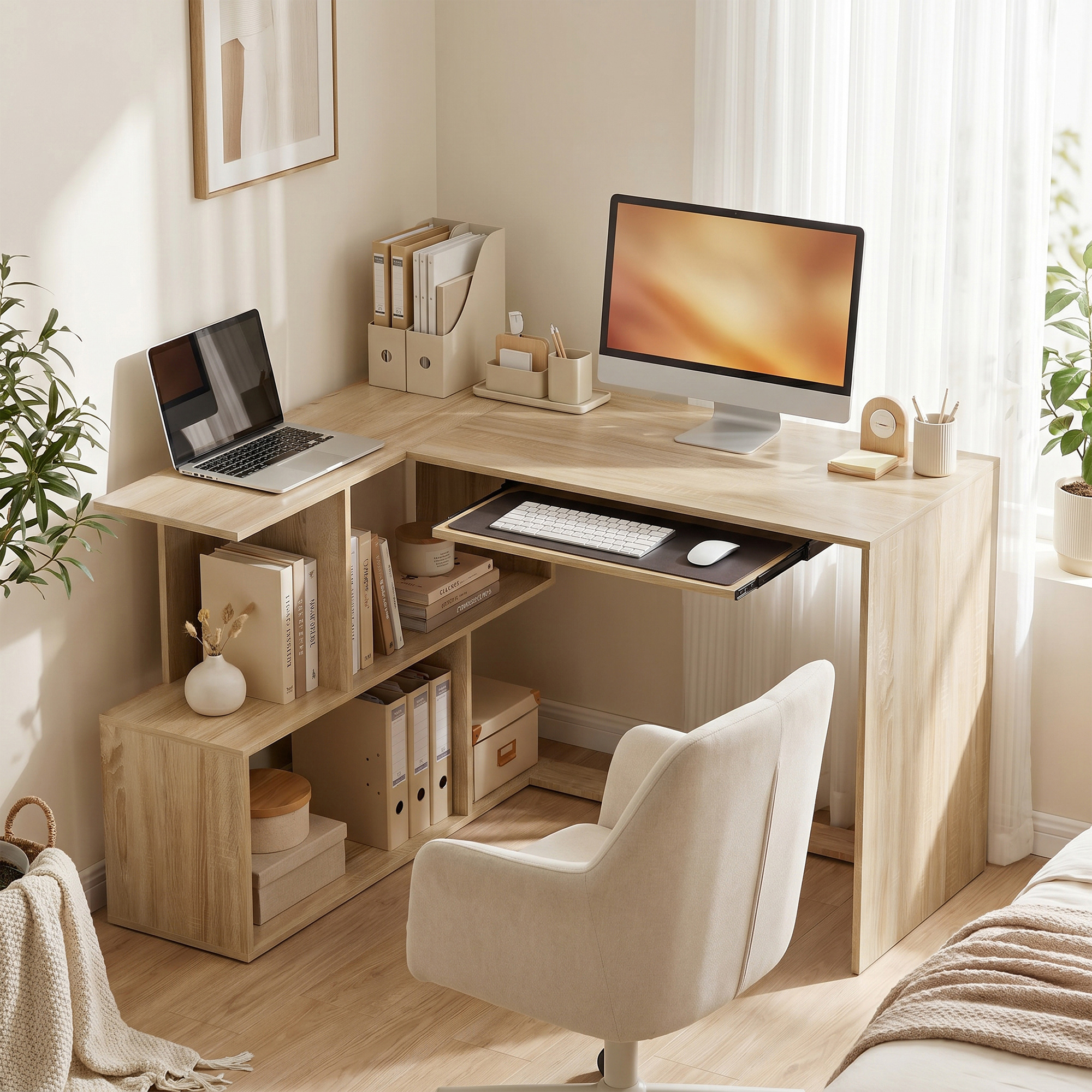 HOMCOM Eckschreibtisch, 120 x 100 x 76 cm, L-förmiger Computerschreibtisch mit Tastaturauszug, 4 offene Fächer, Moderner Stil, Arbeitstisch für Zuhause, Schlafz – Bild 2 von 2