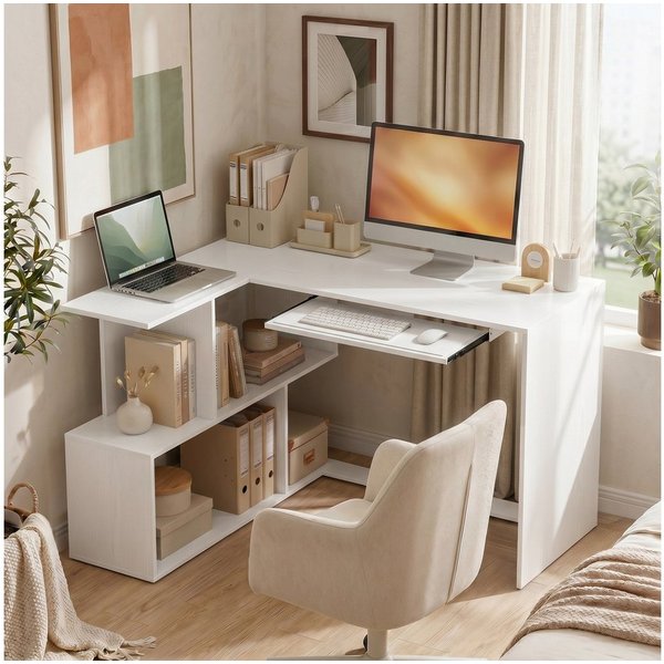 HOMCOM Eckschreibtisch Computertisch für das Home Office (Set, 1-St., 1 Tisch), L-Form, Tastaturauszug, 4 Ablagen