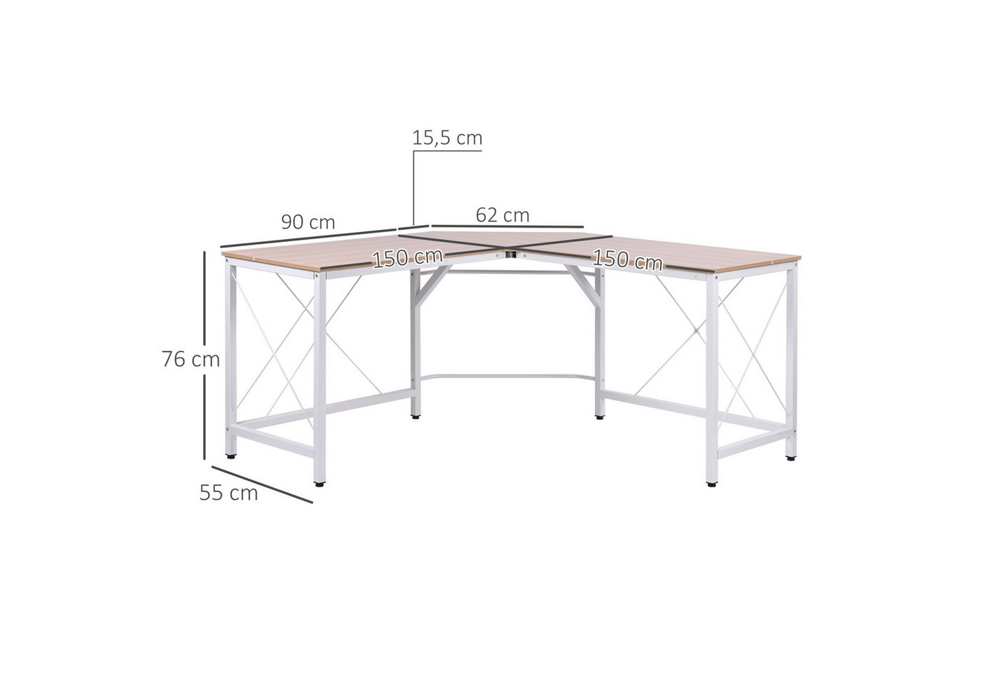 HOMCOM Eckschreibtisch Computertisch Schreibtisch L-Form Winkelschreibtisch (PC-Tisch, 1-St., Computetisch), MDF Natur + Weiß 150 x 150 x 76 cm – Bild 3 von 5
