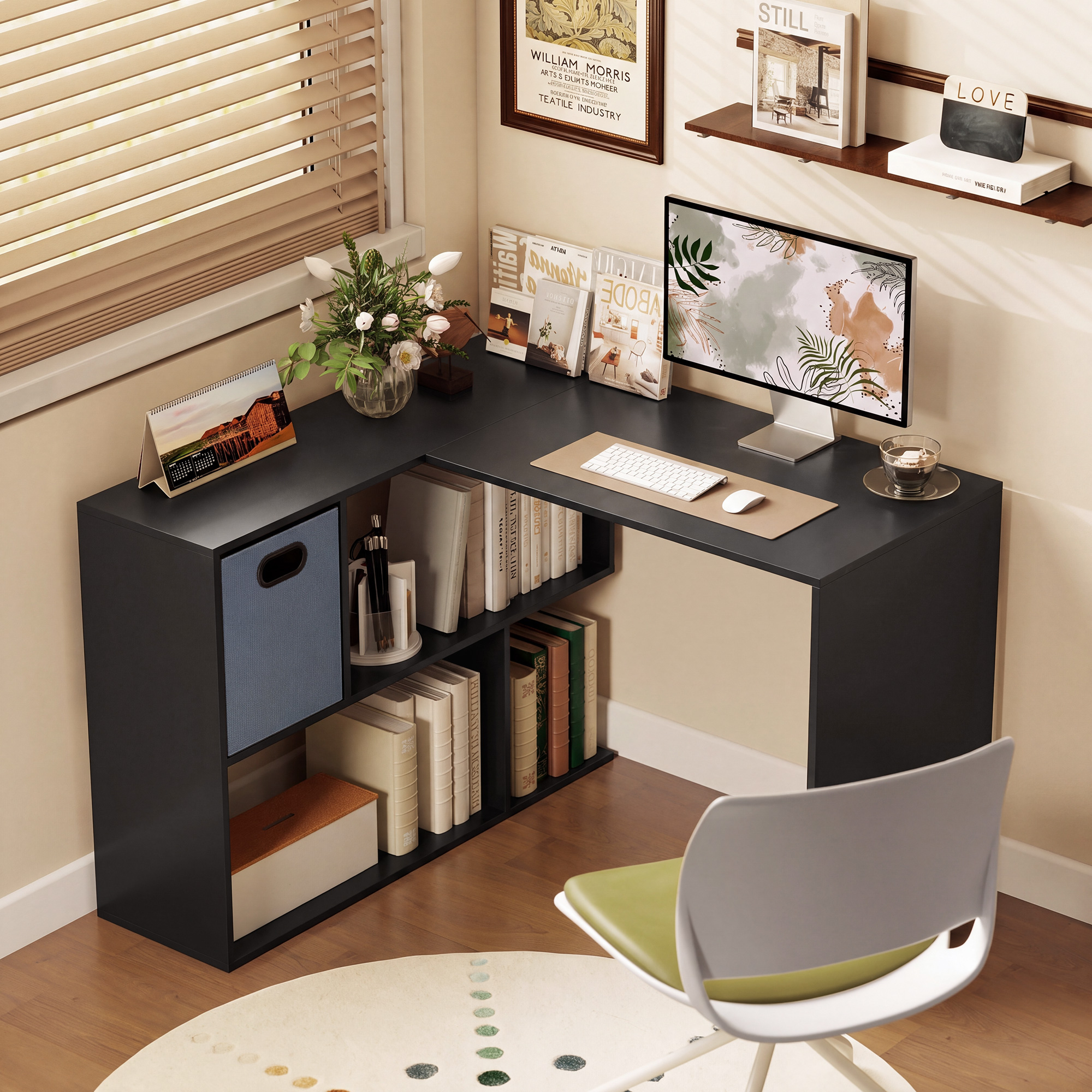 HOMCOM Eckschreibtisch für Computer, 110x100 cm L-Schreibtisch mit Regal und Stoffschublade, PC-Tisch für Schlafzimmer, Büro und Arbeitszimmer, Schwarz Aosom – Bild 2 von 2