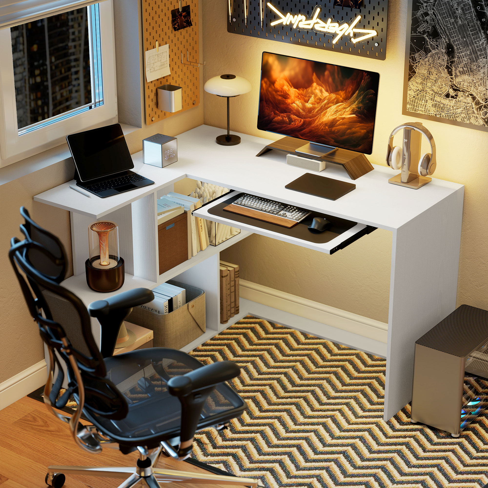 HOMCOM Eckschreibtisch mit Tastaturablage, 120 x 100 cm, L-Schreibtisch mit 4 offenen Fächern, Computertisch zum Lernen, Arbeiten, Schlafzimmer, Zuhause, weiß A – Bild 2 von 2