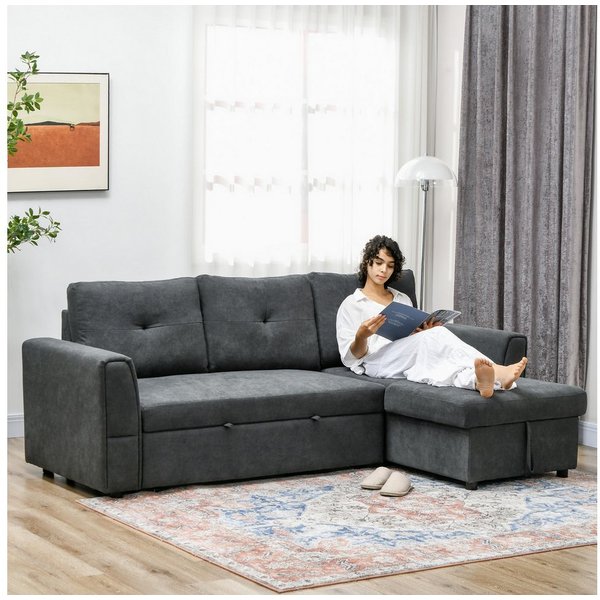 HOMCOM Ecksofa 3 Sitzer Couch mit Stauraum, Chaiselongue, Leinenoptik, Schlafsofa 1 Teile, Polstersofa für Wohnzimmer, Dunkelgrau