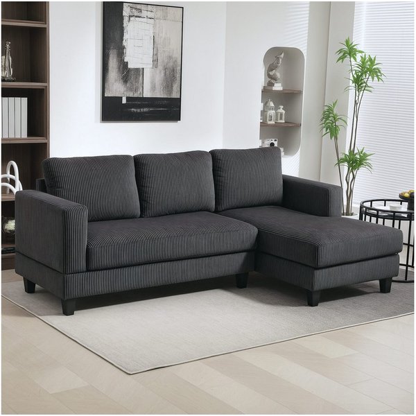HOMCOM Ecksofa Chaiselongue 3-Sitzer Sofa, Cord-Optik, bis 400 kg 214x134x87 cm, L Form Couch 1 Teile, für Wohnzimmer, Schlafzimmer, 214 x 134 x 84 cm Dunkelgra
