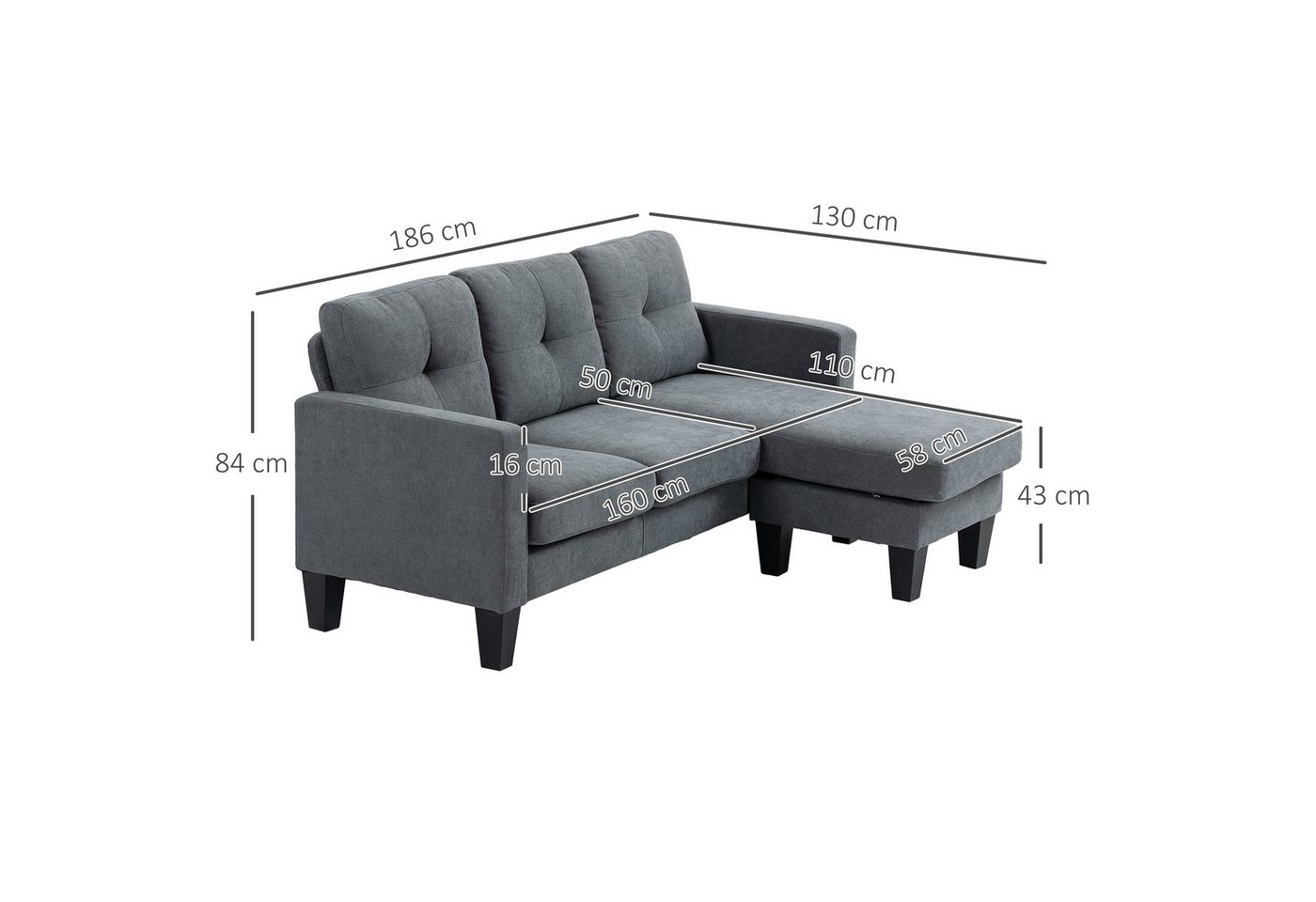 HOMCOM Ecksofa Eck-Couch mit umkehrbarer Chaiselongue L-Form Sofa Federkern, L Form Eckcouch 1 Teile, für Wohnzimmer, Schlafzimmer, Dunkelgrau – Bild 3 von 5