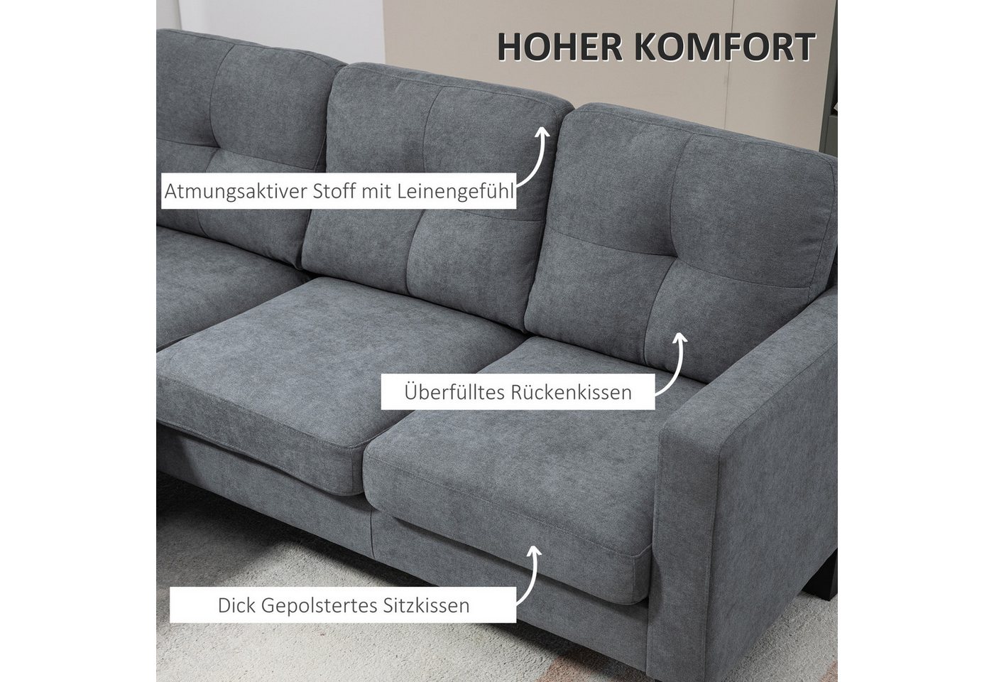 HOMCOM Ecksofa Eck-Couch mit umkehrbarer Chaiselongue L-Form Sofa Federkern, L Form Eckcouch 1 Teile, für Wohnzimmer, Schlafzimmer, Dunkelgrau – Bild 4 von 5