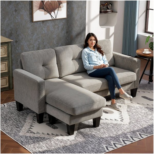HOMCOM Ecksofa Eck-Couch mit umkehrbarer Chaiselongue L-Form Sofa Federkern, 3-Sitzer-Sofa 1 Teile, für Wohnzimmer, Braun