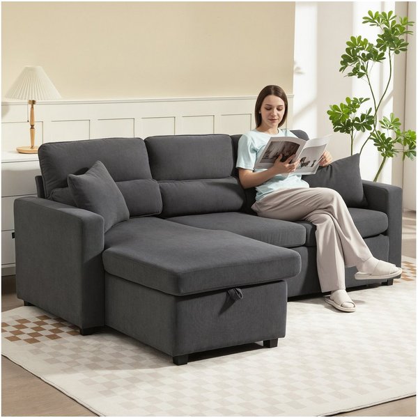HOMCOM Ecksofa L-Form Sofa, Schlafsofa mit Bettkasten, Kissen, Ecksofa 1 Teile, mit Stauraum, Beige